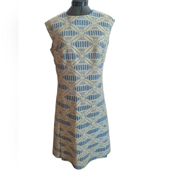 60s Vintage MCM Blue White Lace Overlay Geometric Floral Shift Dress Women's‎ 14 - Picture 1 of 11